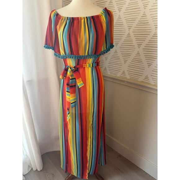 NWT Palms Away Women’s Small Rainbow Stripe and Pom Tassel Off Maxi Dress - Picture 1 of 6